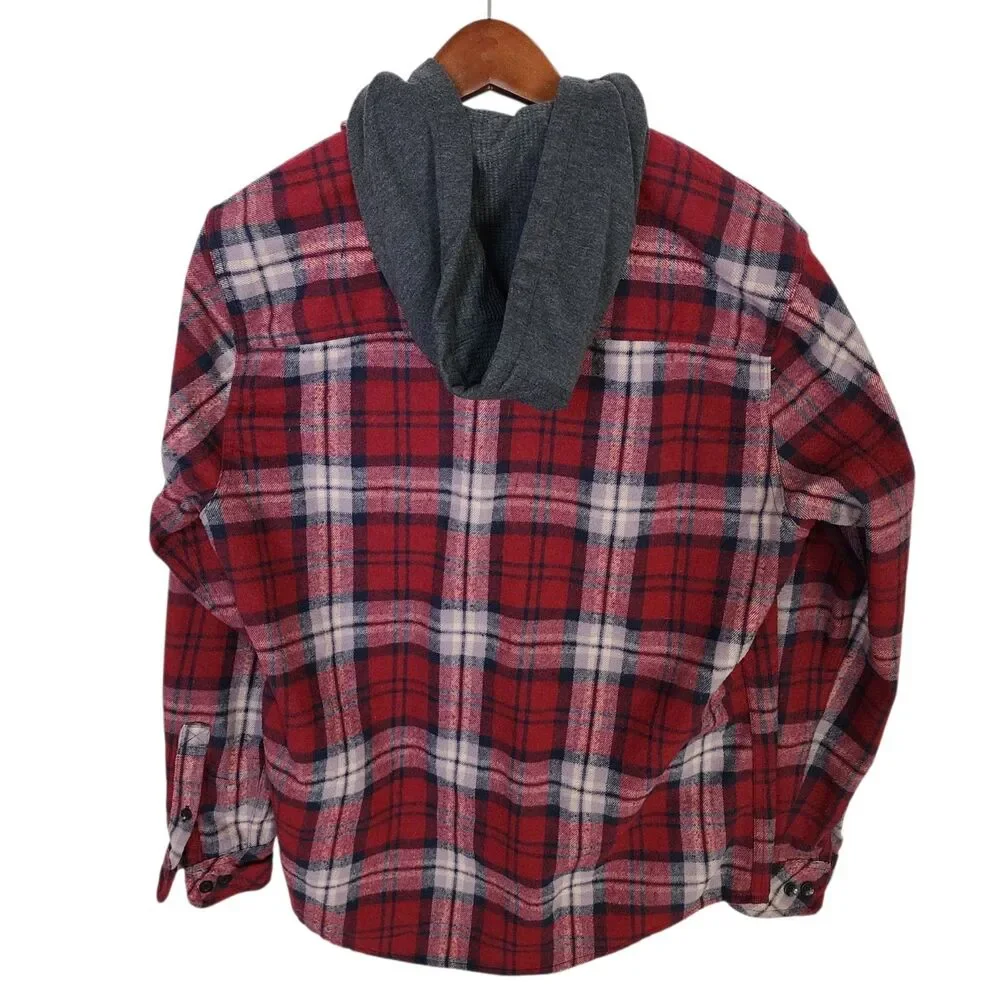 Free Planet Flannel Shirt Jacket with Hood Red Plaid 100% Cotton Mens Size Large